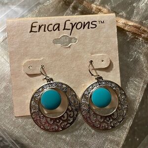 Erica Lyons silver dangle earrings with turquoise colored center NWT
